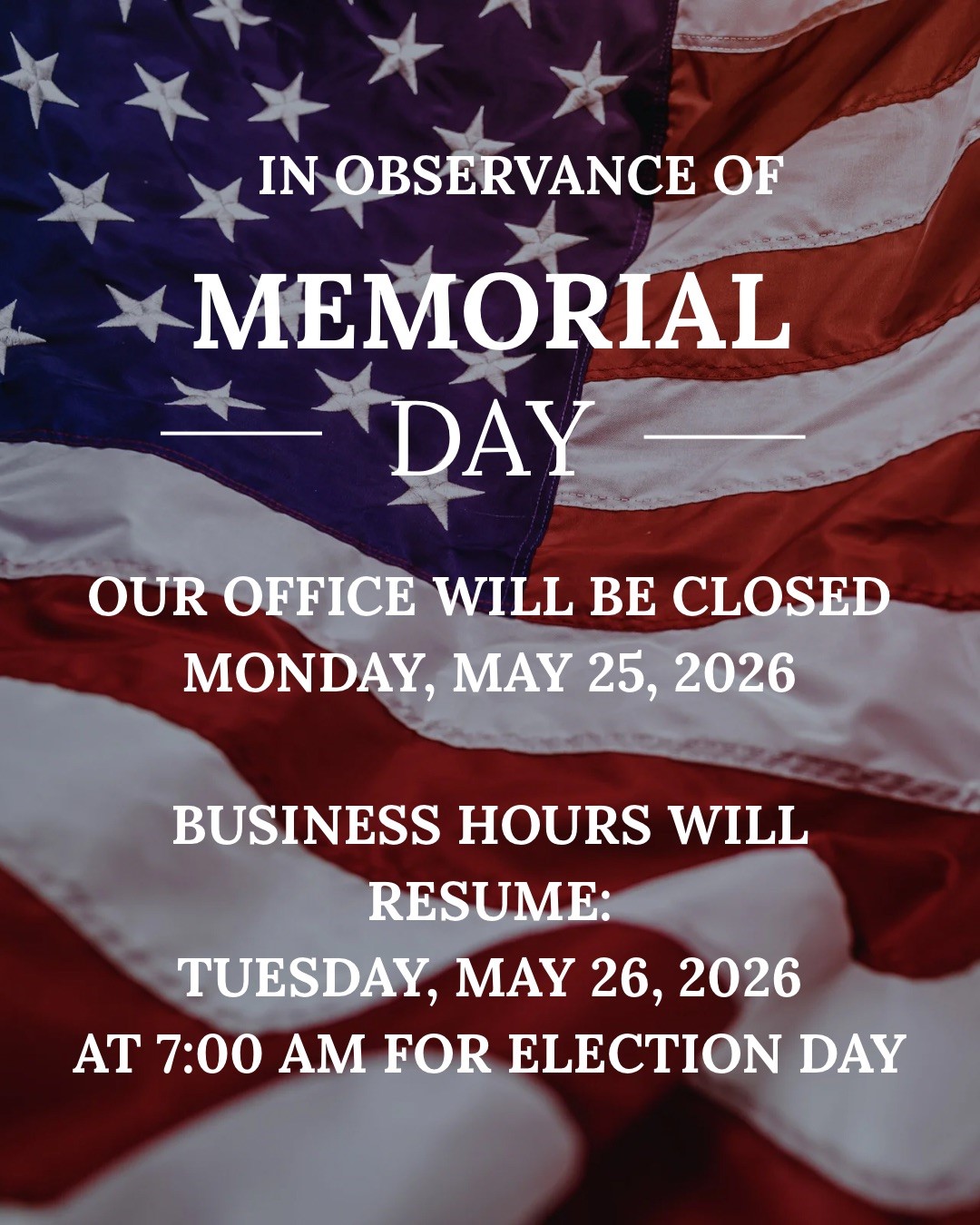 Our office will be CLOSED Friday, April 3, 2026. Business hours will resume April 6, 2026 at 8 am